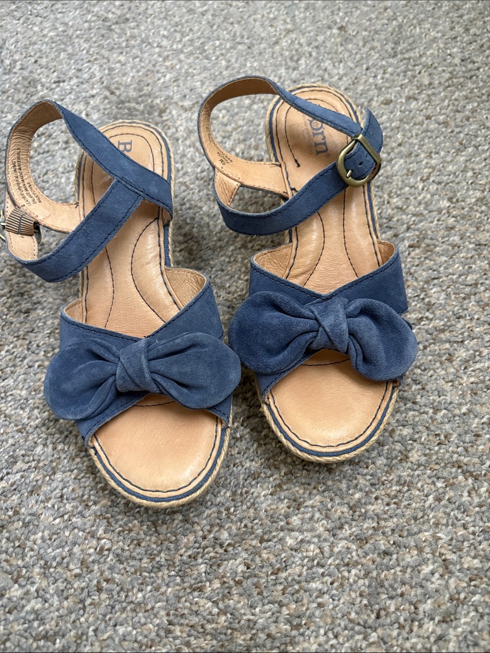 Blue Suede Bow Espadrille Wedge Sandals